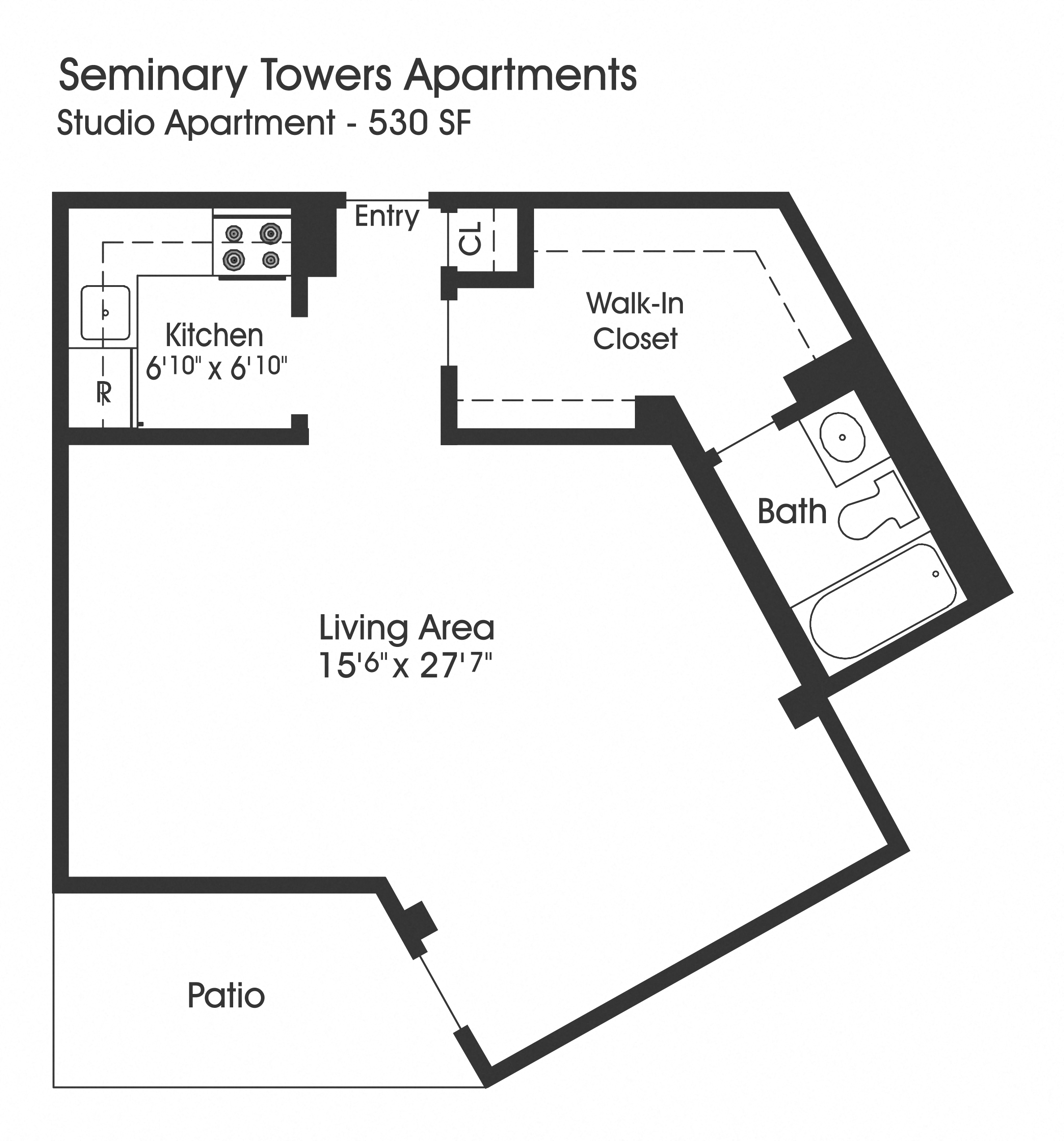 Floor plan for studio, 1 bath, 530 sqft